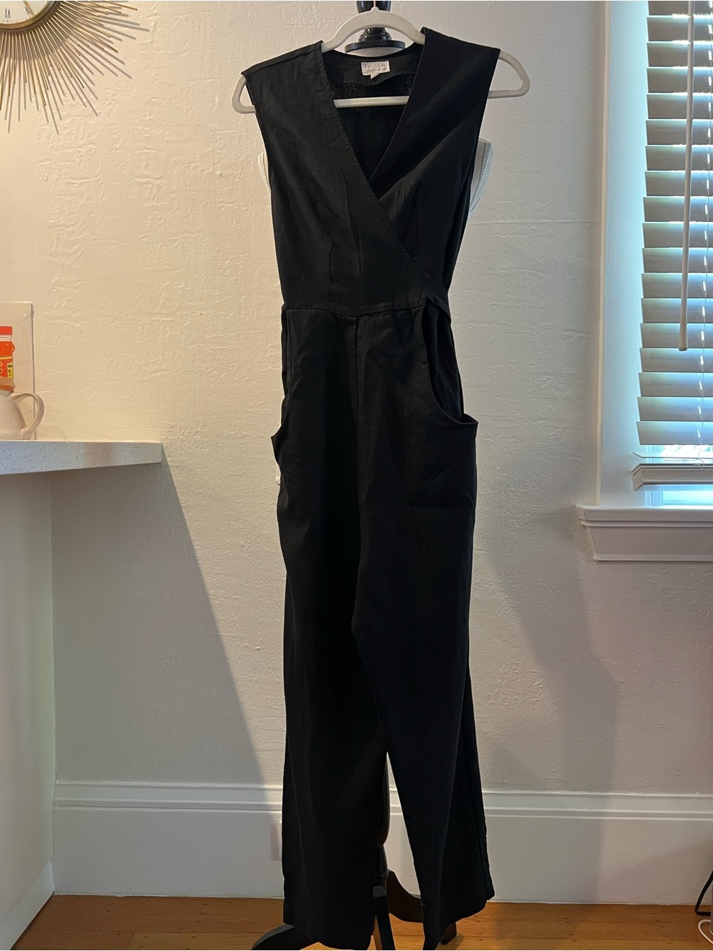 Linen Sleeveless Black Wrap V-Neck Jumpsuit with Pockets - Field Day